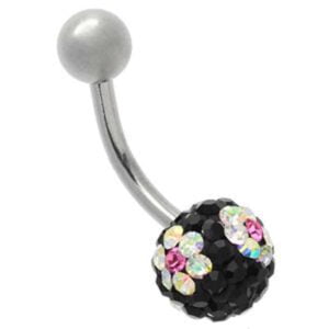 Crystal Flower Steel Belly Bar - Crystal AB on Black