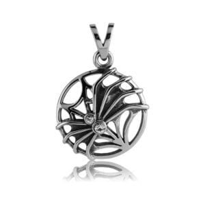 CZ & Stainless Steel Spider On Web Pendant