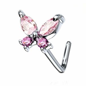 CZ Butterfly 316L Surgical Steel L Bend Nose Stud - Pink