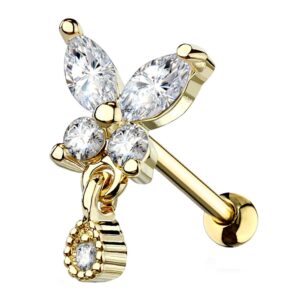 CZ Butterfly with tear Drop Dangle Surgical Tragus Studs - Gold Plated