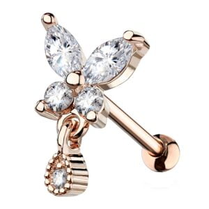 CZ Butterfly with tear Drop Dangle Surgical Tragus Studs - Rose Gold