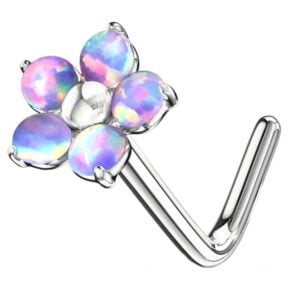 Flower with 5 Opal Petals 316L Surgical Steel L Bend Nose Stud - Purple.