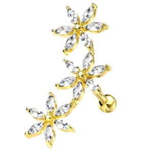 Gold Plated 3 Marquise CZ Flowers 316L Surgical Steel Cartilage