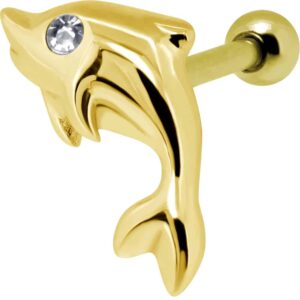 Gold Plated Crystal Jewelled Dolphin Tragus Bar Stud
