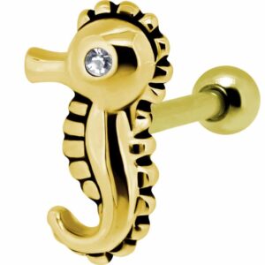 Gold Plated Crystal Jewelled Seahorse Tragus Bar Stud