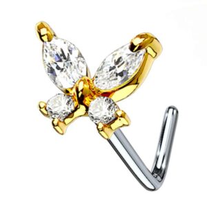 Gold Plated CZ Butterfly Surgical Steel L Bend Nose Stud