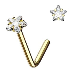 Gold Plated CZ Prong Set Surgical Steel L Bend Nose Stud