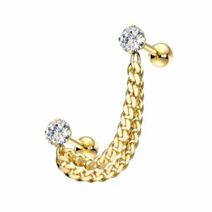 Gold Plated Double Chain Linked Prong Set CZ Cartilage Barbells - Clear