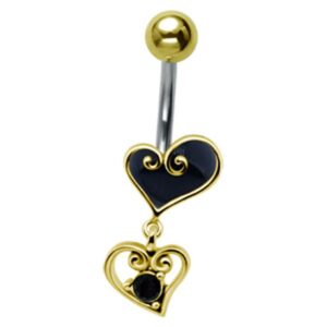 Gold-Plated Heart Drop Belly Bar - Black