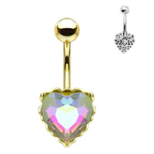 Gold Plated Heart Filigree Surgical Steel Belly Bar - Clear