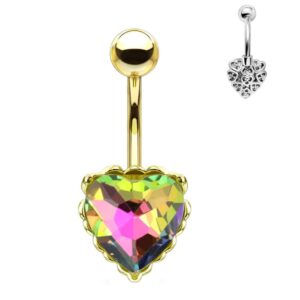 Gold Plated Heart Filigree Surgical Steel Belly Bar - Vitrail Medium