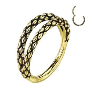 Gold Plated Hinged Segment Double Hoop with Oxidized Lizard Skin