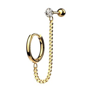 Gold Plated Hoop Earring and Chain Linked Cartilage Barbell with Crystal Stud