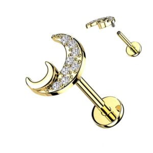 Gold Plated Internally Threaded Crescent Labret Stud with Flat Moon - Clear