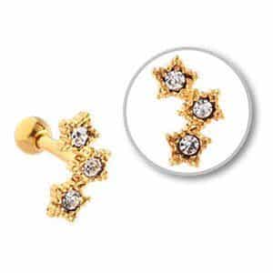 Gold Plated Jewelled Tragus Barbell Stud- 3 Stars