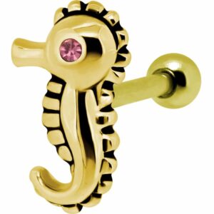 Gold Plated Pink Jewelled Seahorse Tragus Bar Stud