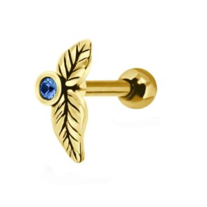 Gold Plated Silver and Steel Tragus Stud - Blue Leaf