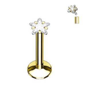 Gold Plated Star CZ Prong Internally Threaded Labret Stud