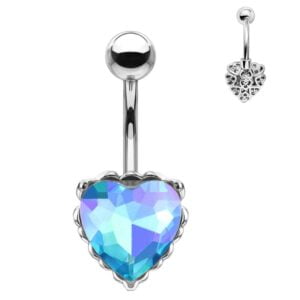 Heart Filigree Surgical Steel Belly Bar - Aqua