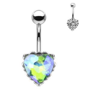 Heart Filigree Surgical Steel Belly Bar - Green