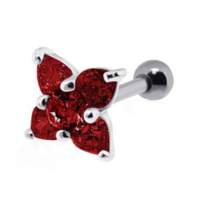 Silver and Steel Tragus Stud - Jewelled Red Flower