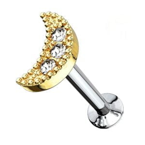 Gold Plated Internally Threaded Crescent Labret Stud - Clear