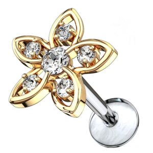 Gold Plated Jewelled Flower Internally Threaded Labret Stud - Clear