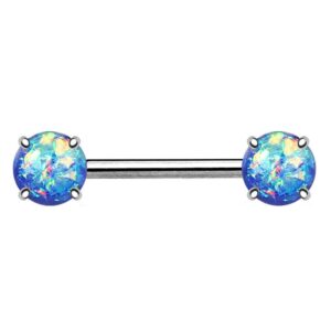 Surgical Steel Opal Glitter Prong Set Nipple Barbell - Blue