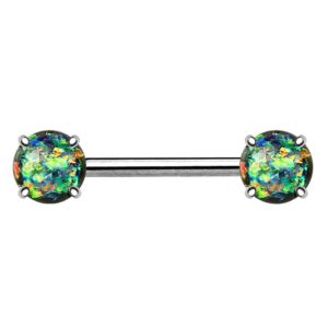 Surgical Steel Opal Glitter Prong Set Nipple Barbell - Dark Green