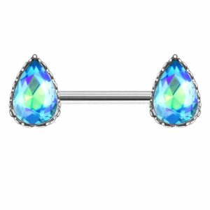 Rainbow Effect Crystal Jewelled Nipple Bar - Light Blue