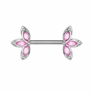 Surgical Steel Jewelled Flower Nipple Barbell - Pink