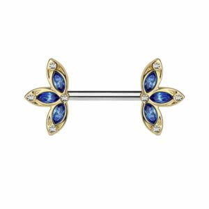 Gold Plated Jewelled Flower Nipple Barbell - Blue