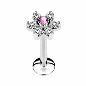 Surgical Steel Internally Threaded Flower Labret Stud - Clear Pink