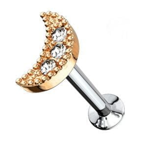 Rose Gold Internally Threaded Crescent Labret Stud - Clear