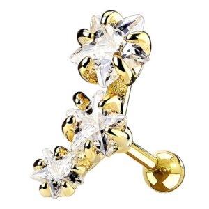 Gold Plated Surgical Steel Triple CZ Crystal Star Cartilage Stud