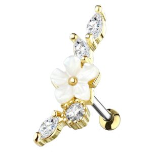 Mother of Pearl Flowered Gold Plated Surgical Steel Cartilage Stud - Clear
