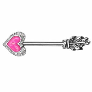 Surgical Steel Glitter Heart Opal Arrow Nipple Bar - Pink