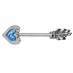 Surgical Steel Glitter Heart Opal Arrow Nipple Bar - Blue
