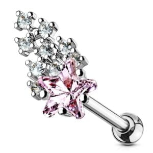 Surgical Steel Shooting Star Tragus and Cartilage Stud - Clear & Pink