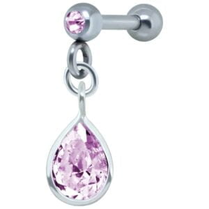 Silver Pear Shaped Pink Jewelled Tragus Bar Stud