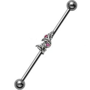 Jewelled Silver and Steel Industrial Barbell - Pink Leaves