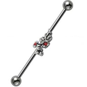 Jewelled Silver and Steel Industrial Barbell - Red Blossom