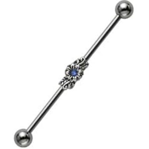 Jewelled Silver and Steel Industrial Barbell - Blue Flower