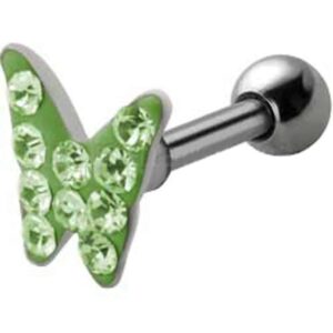 Jewelled Silver and Steel Tragus Stud - Green Butterfly