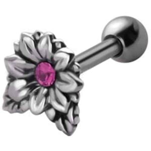 Jewelled Silver and Steel Tragus Stud - Pink Flower