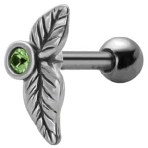 Jewelled Silver and Steel Tragus Stud - Green Leaf