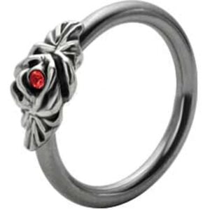 Silver and Steel Floral Ball Closure Ring - Red