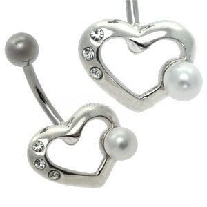 Silver and Steel Pearl Belly Bar - Heart