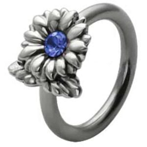 Silver and Steel Flower Ball Closure Ring - Blue