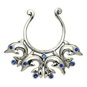 Sterling Silver Fake Nipple Ring - Dolphins Blue
